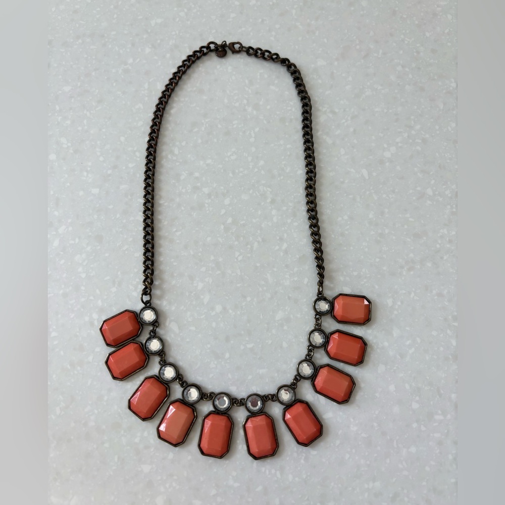 J.Crew Orange stone statement Necklace Clear stones bronze fashion vintage look
